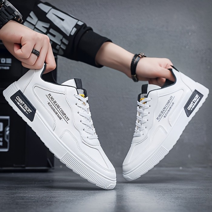 Men's Trendy Solid Skate Shoes, Comfy Non Slip Casual Lace Up Sneakers For Men's Outdoor Activities