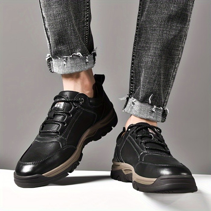 Men's Split Leather Casual Shoes, Wear-resistant Anti-skid Lace-up Shoes For Outdoor Activities