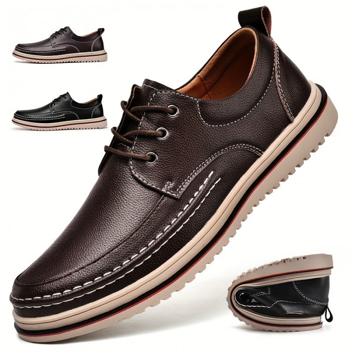 Men's Classic Low Top Loafers Shoes, Round Toe Lace Up Comfy Non Slip Leather Dress Shoes For Business Meeting, Outdoor Walking