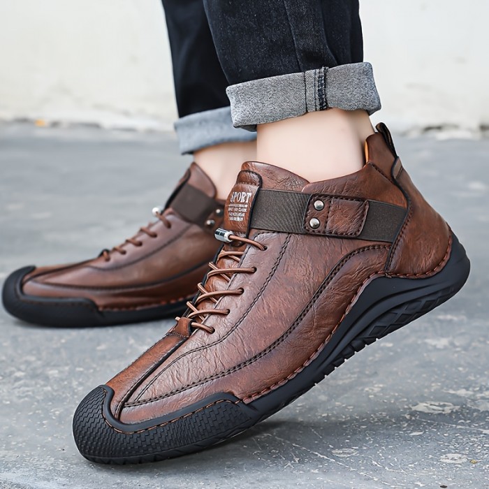 Men's Casual Round Toe PU Leather Shoes, Breathable Anti-skid Low-top Lace-up Shoes For Business Office