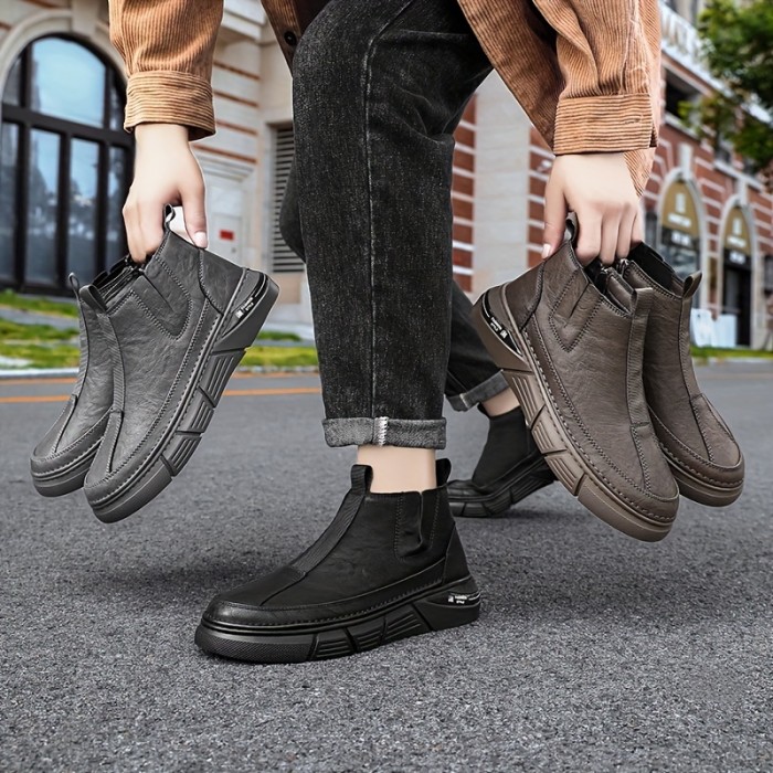 Men's Solid Casual Ankle Boots, Breathable Anti-skid Slip On Boots With Side Zippers For Outdoor