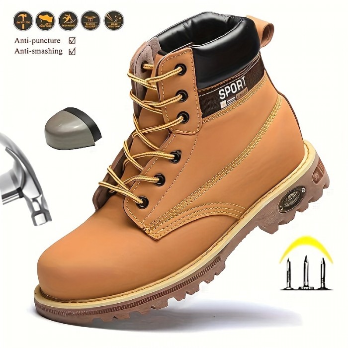 Men's Solid Safety Shoes, Comfy Non Slip Casual Lace Up Waterproof Ankle Boots For Men's Outdoor Activities
