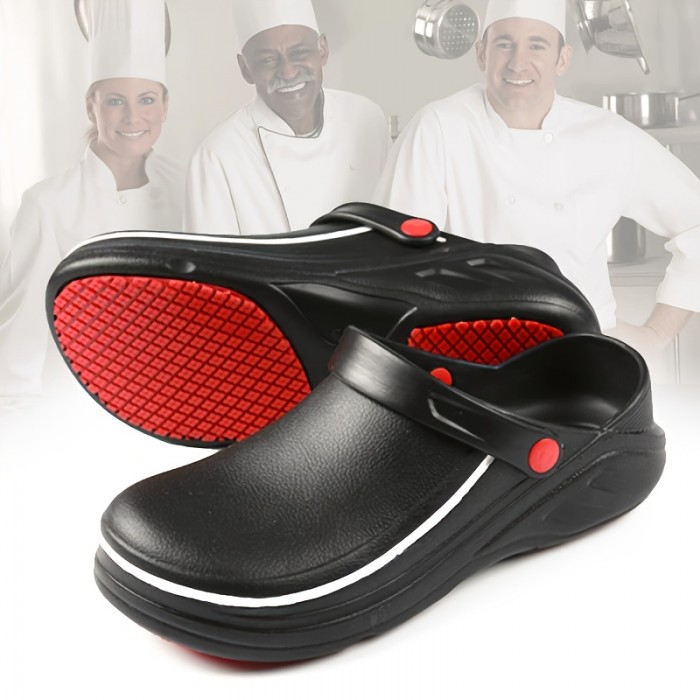 Men's Trendy Solid Chef Shoes, hollow Out Waterproof Casual Work Shoes