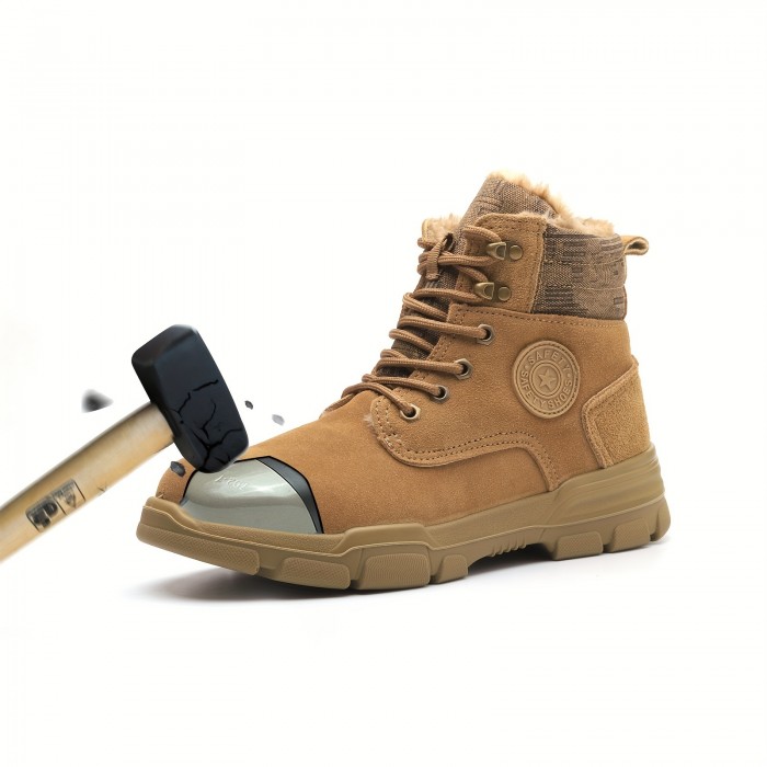 Men's Steel Toe Puncture Proof Anti-skid Work Safety Shoes With Warm Plush Lining, Industrial Construction Sneakers, Winter