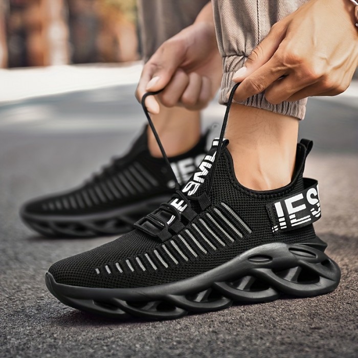 Men's Colorblock Trendy Knit Breathable Lace Up Casual Shoes, Lightweight Comfy Non Slip Sneaker, Spring And Summer