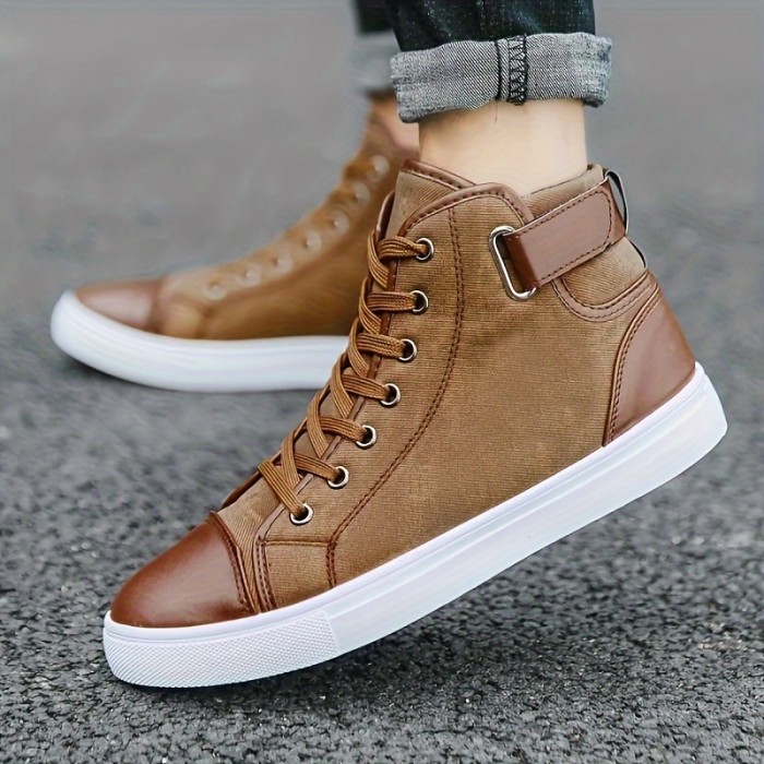Plus Size Men's Trendy Solid High Top Skate Shoes, Comfy Non Slip Casual Lace Up Sneakers For Men's Outdoor Activities