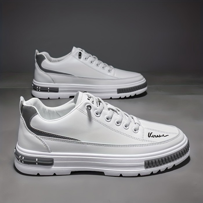 Men's PU Leather Skate Shoes With Good Traction, Breathable Lace-up Sneakers
