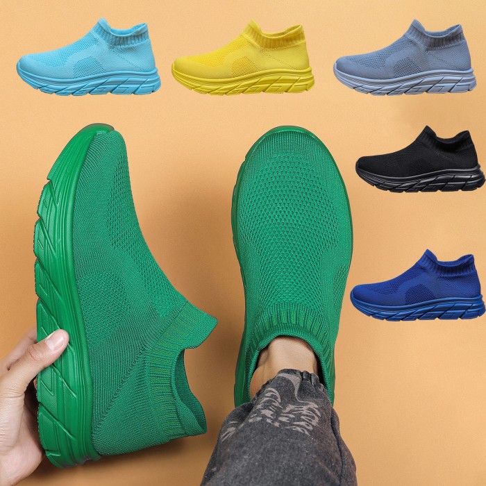 Men's Trendy Solid Woven Knit Sock Shoes, Comfy Non Slip Breathable Soft Sole Sneakers For Men's Outdoor Activities