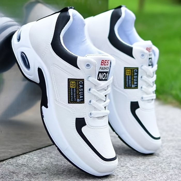 Men's Trendy Lace-up Sneakers, Waterproof Anti-skid Casual Shoes With PU Leather Uppers For Outdoor Walking Jogging Traveling