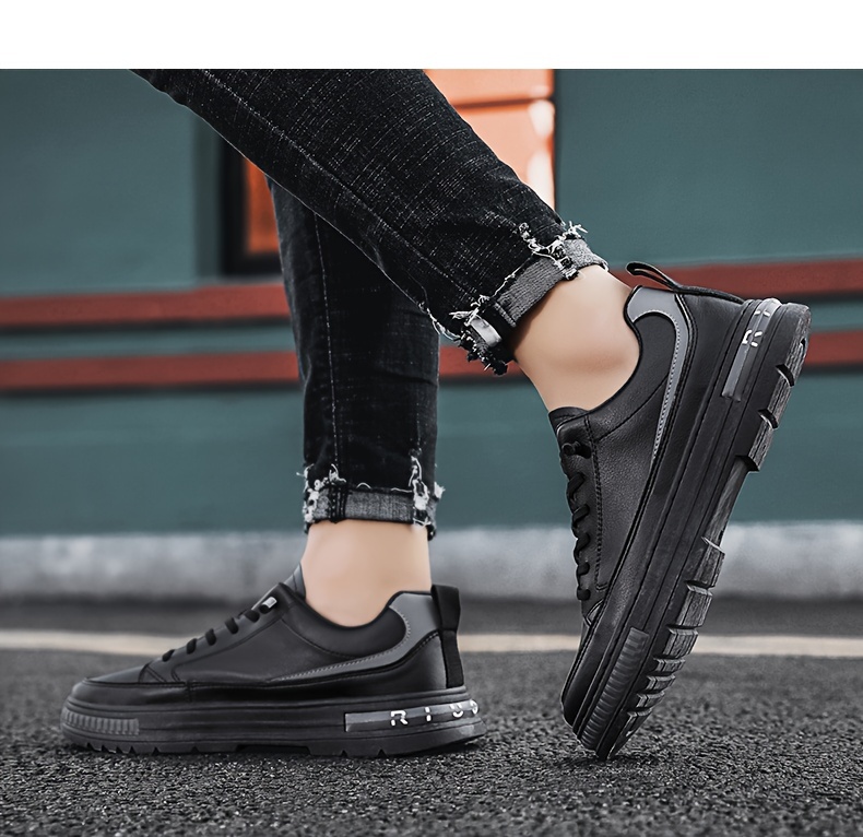 mens solid pu leather skate shoes lace up comfy non slip stree style sneakers for all seasons outdoor workout activities details 10