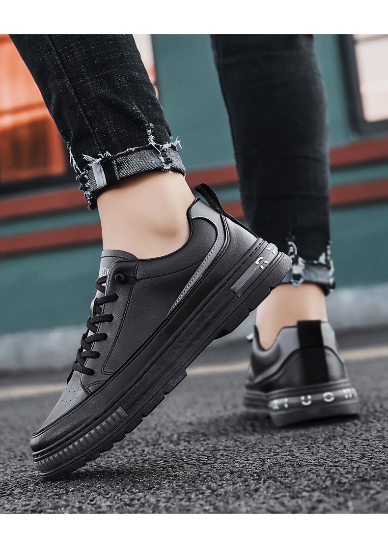mens solid pu leather skate shoes lace up comfy non slip stree style sneakers for all seasons outdoor workout activities details 11