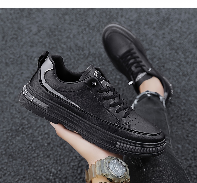mens solid pu leather skate shoes lace up comfy non slip stree style sneakers for all seasons outdoor workout activities details 12