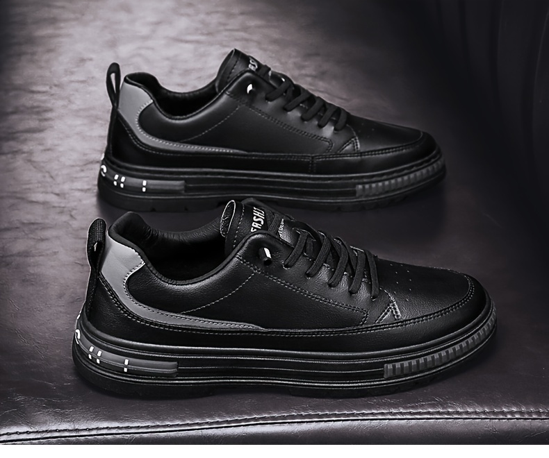 mens solid pu leather skate shoes lace up comfy non slip stree style sneakers for all seasons outdoor workout activities details 17
