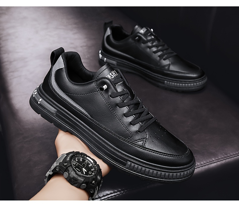 mens solid pu leather skate shoes lace up comfy non slip stree style sneakers for all seasons outdoor workout activities details 18