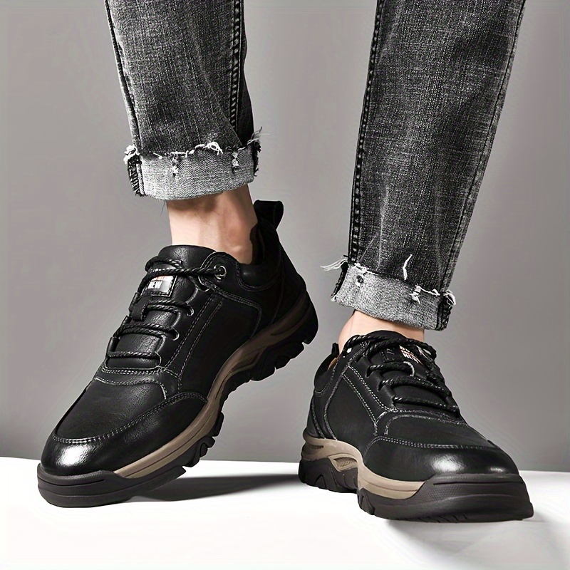 mens split leather casual shoes wear resistant anti skid lace up shoes for outdoor activities details 1