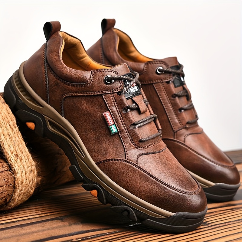 mens split leather casual shoes wear resistant anti skid lace up shoes for outdoor activities details 3