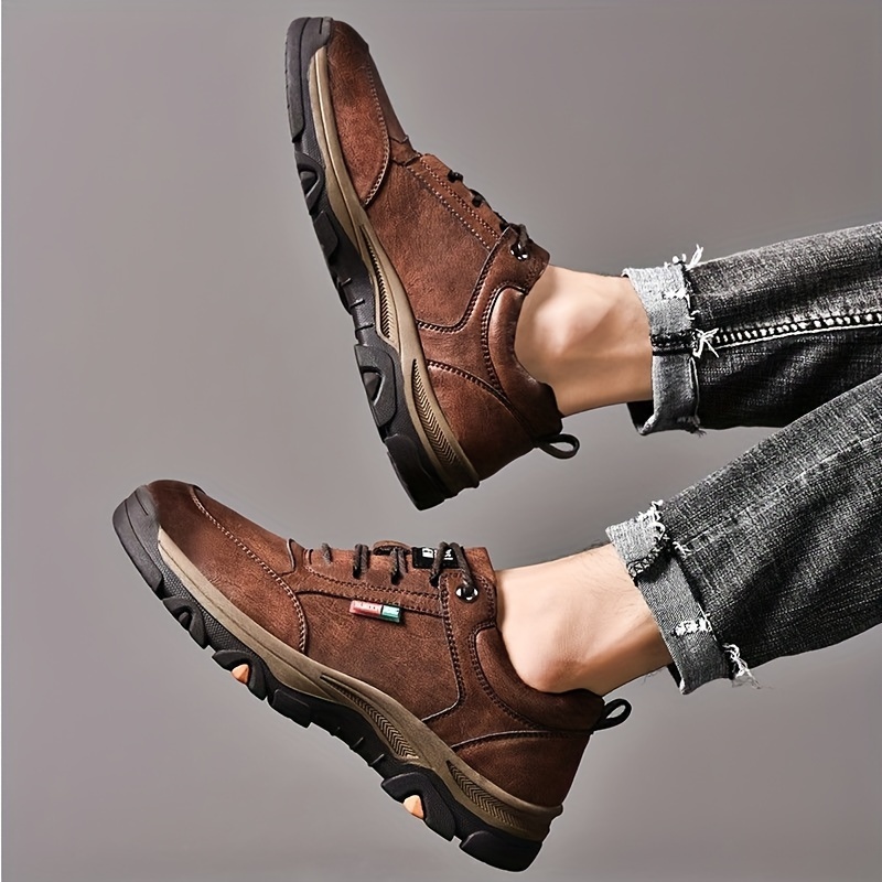mens split leather casual shoes wear resistant anti skid lace up shoes for outdoor activities details 5