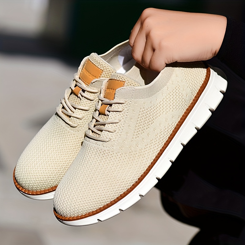 mens solid color casual sneakers breathable lightweight lace up shoes with fabric uppers for outdoor walking driving details 0