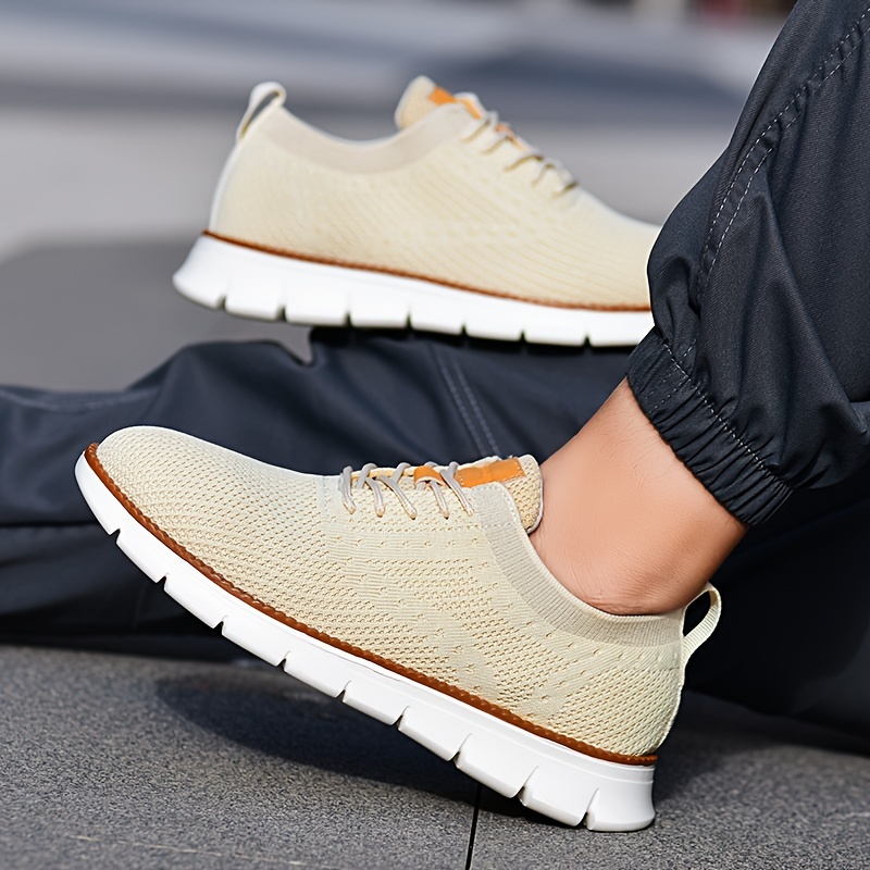 mens solid color casual sneakers breathable lightweight lace up shoes with fabric uppers for outdoor walking driving details 3