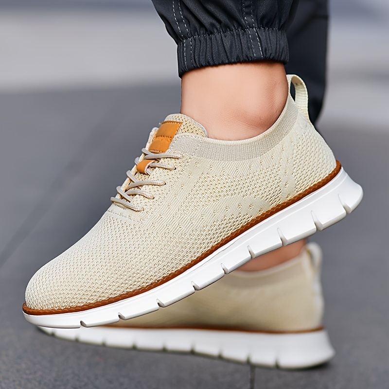 mens solid color casual sneakers breathable lightweight lace up shoes with fabric uppers for outdoor walking driving details 4