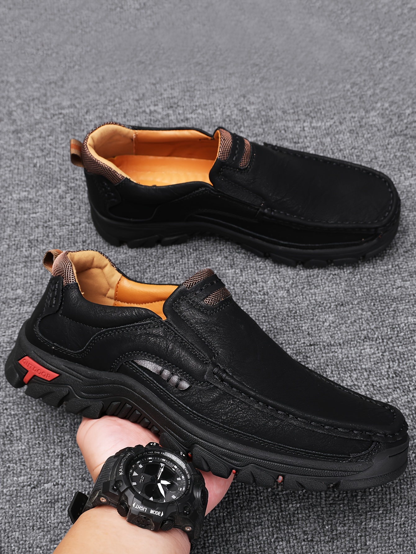 mens fashion stitching pu leather loafers anti skid wear resistant slip on shoes for outdoor walking running spring autumn details 1