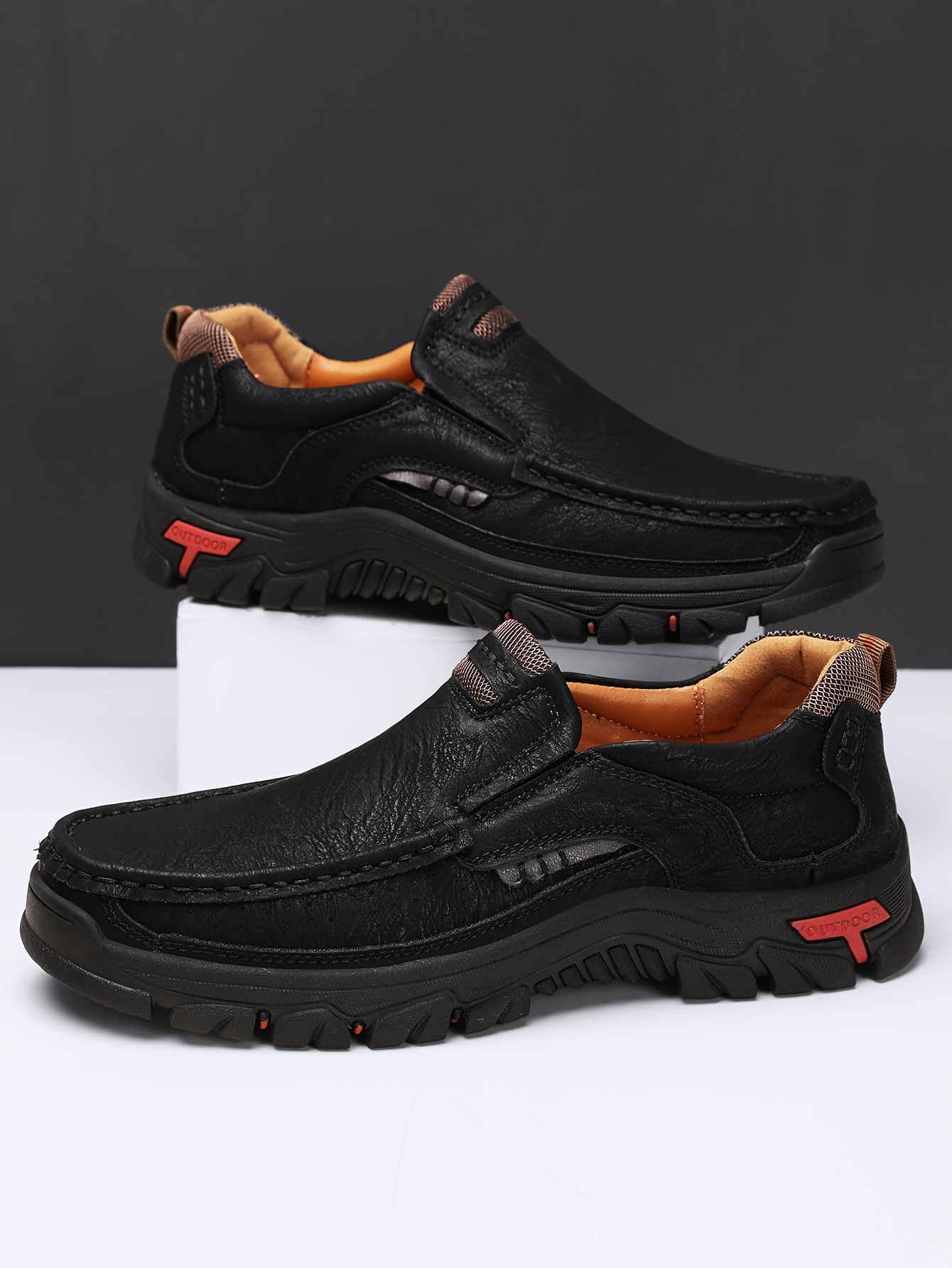 mens fashion stitching pu leather loafers anti skid wear resistant slip on shoes for outdoor walking running spring autumn details 2