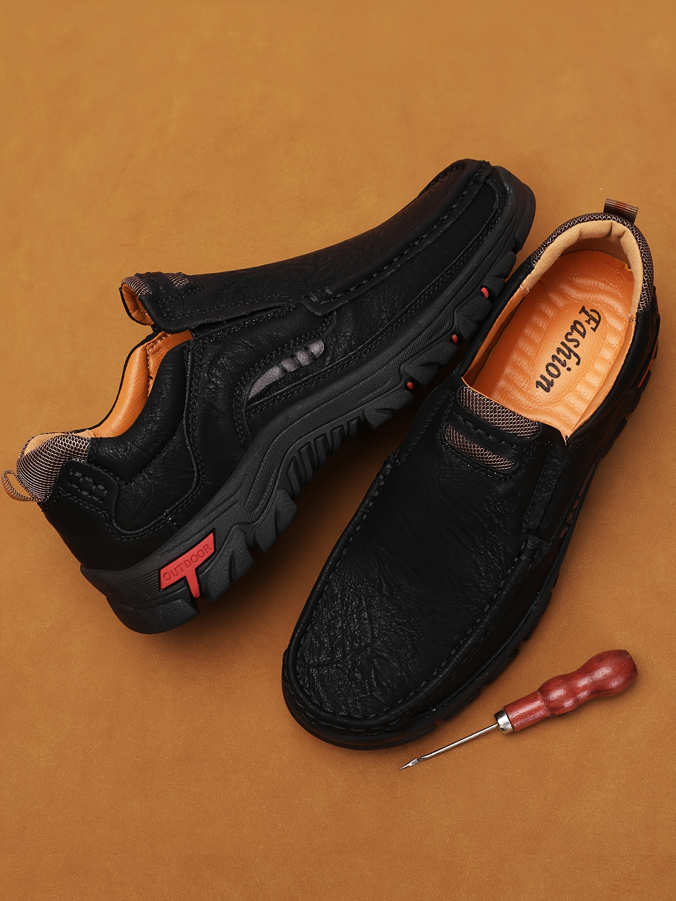 mens fashion stitching pu leather loafers anti skid wear resistant slip on shoes for outdoor walking running spring autumn details 3