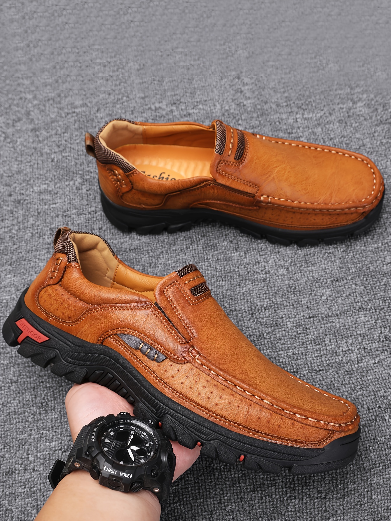 mens fashion stitching pu leather loafers anti skid wear resistant slip on shoes for outdoor walking running spring autumn details 4