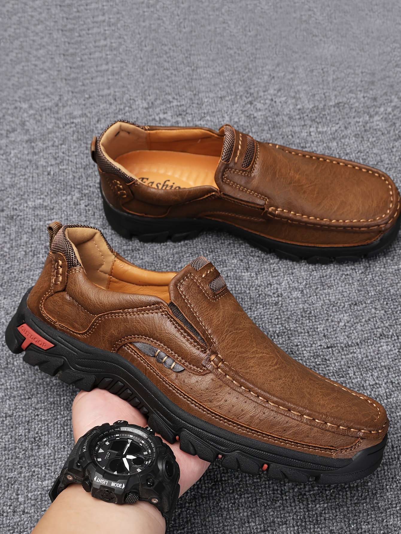 mens fashion stitching pu leather loafers anti skid wear resistant slip on shoes for outdoor walking running spring autumn details 8