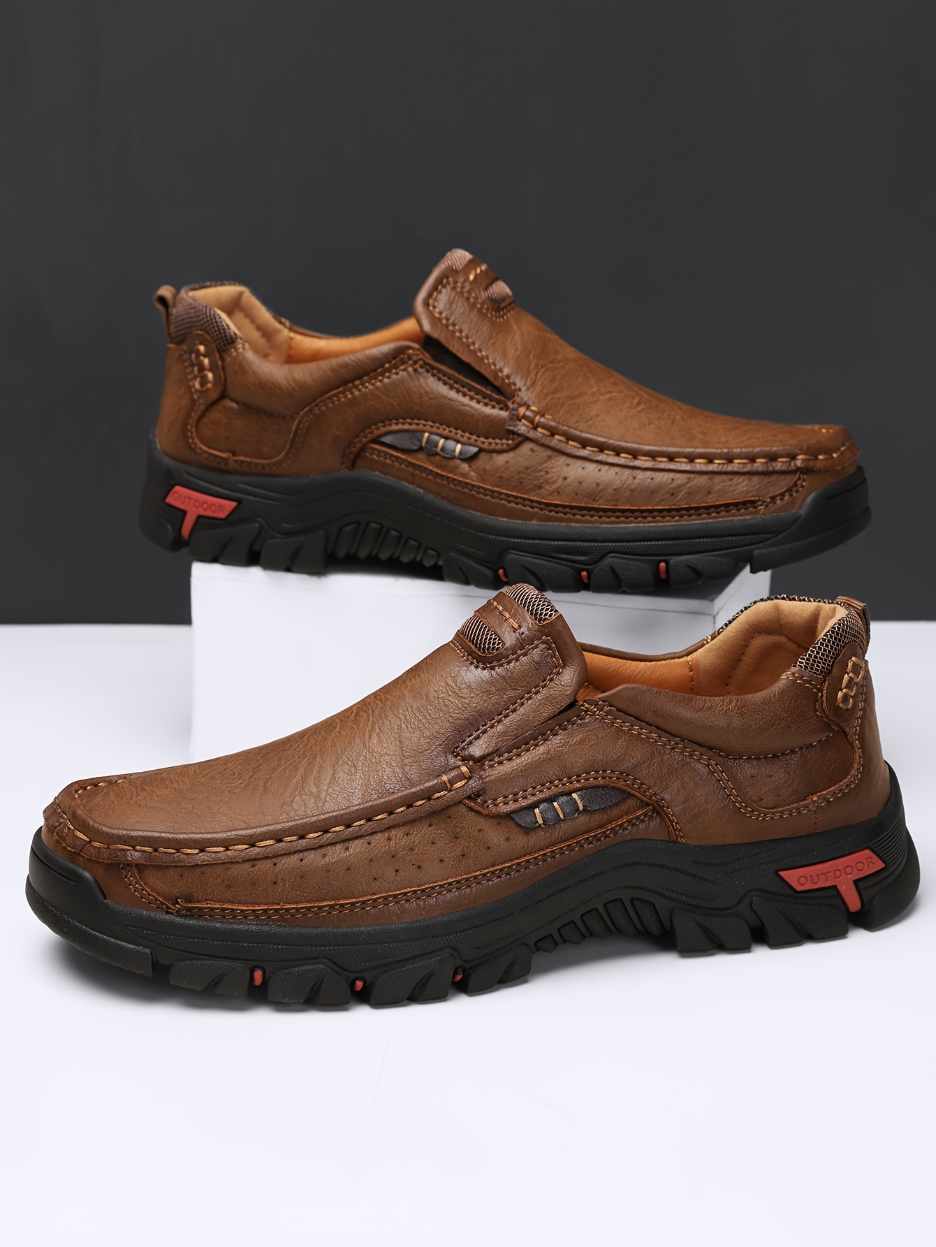 mens fashion stitching pu leather loafers anti skid wear resistant slip on shoes for outdoor walking running spring autumn details 9
