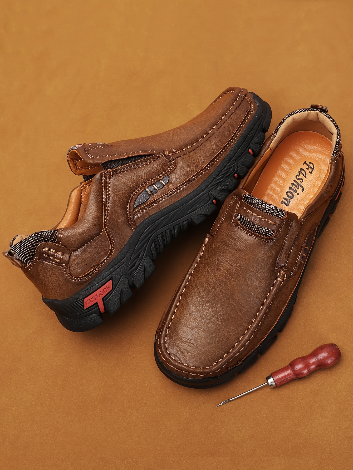 mens fashion stitching pu leather loafers anti skid wear resistant slip on shoes for outdoor walking running spring autumn details 11