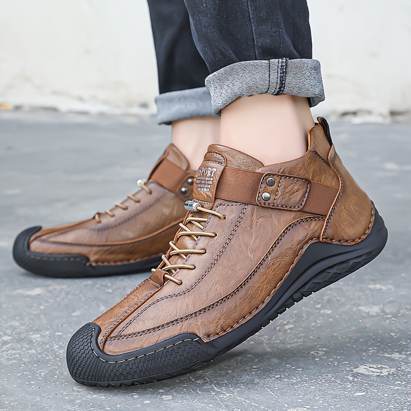 mens stitching casual ankle sneakers with pu leather uppers wear resistant anti skid slip on shoes with shoelaces decor for outdoor details 0