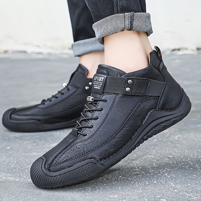 mens stitching casual ankle sneakers with pu leather uppers wear resistant anti skid slip on shoes with shoelaces decor for outdoor details 2
