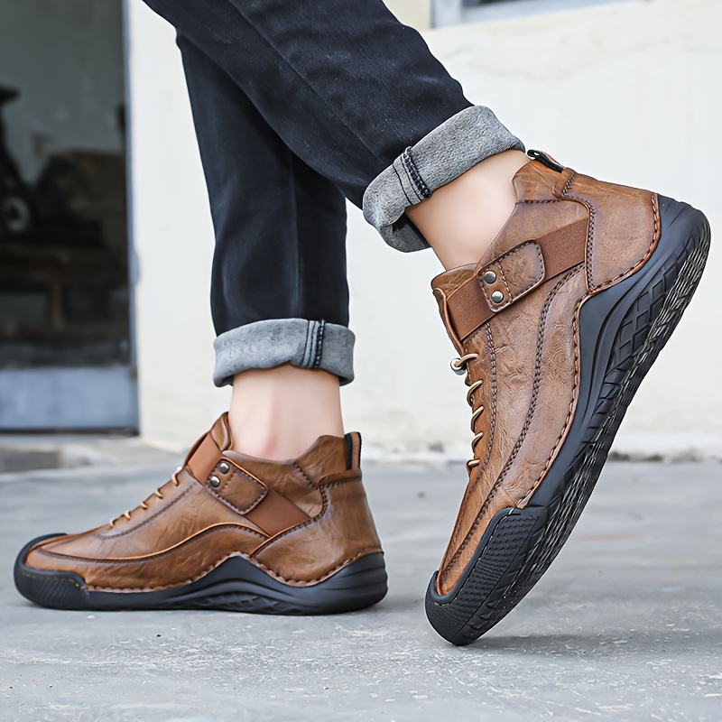 mens stitching casual ankle sneakers with pu leather uppers wear resistant anti skid slip on shoes with shoelaces decor for outdoor details 3