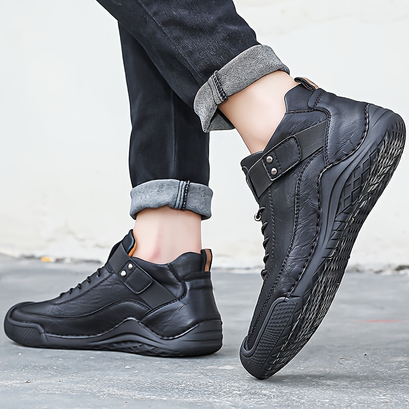 mens stitching casual ankle sneakers with pu leather uppers wear resistant anti skid slip on shoes with shoelaces decor for outdoor details 4