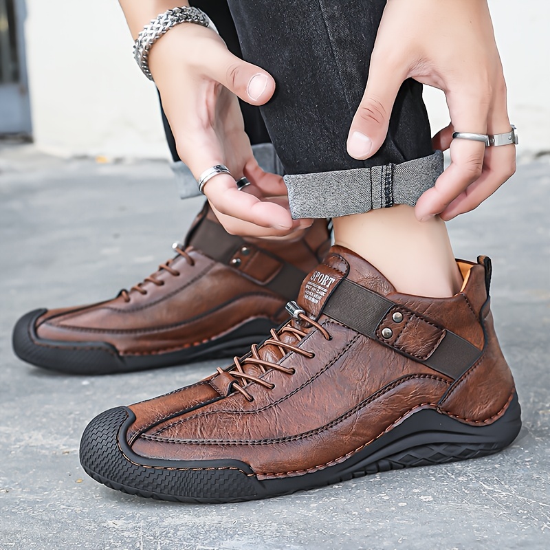 mens stitching casual ankle sneakers with pu leather uppers wear resistant anti skid slip on shoes with shoelaces decor for outdoor details 5