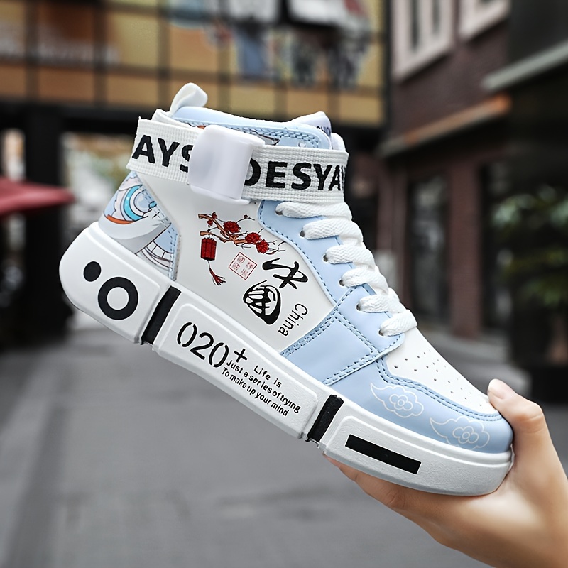 mens stylish mid high top skate shoes breathable wear resistant lace up shoes with buckle decor for outdoor streets details 2