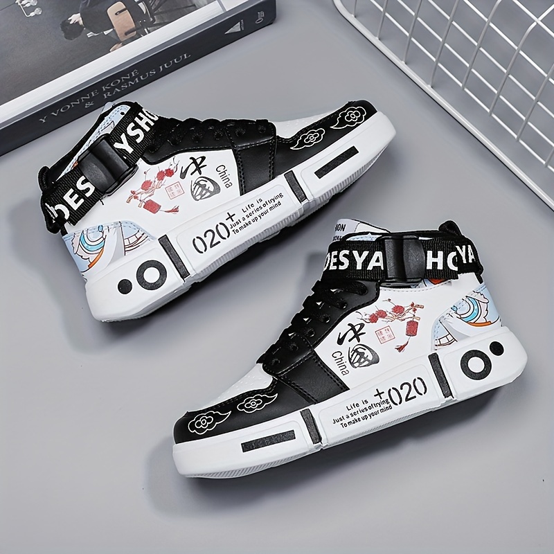 mens stylish mid high top skate shoes breathable wear resistant lace up shoes with buckle decor for outdoor streets details 3