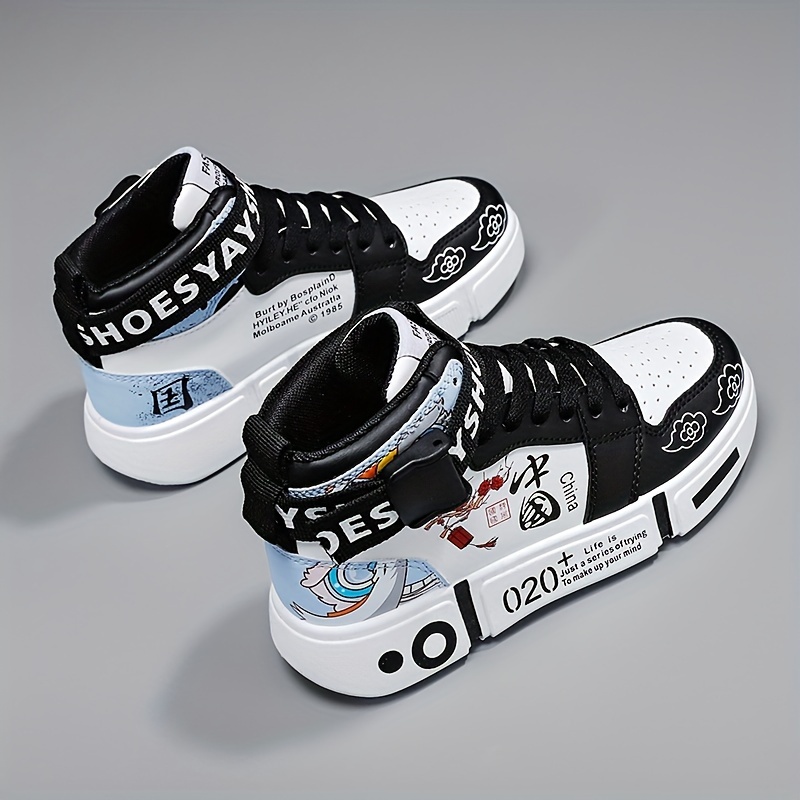 mens stylish mid high top skate shoes breathable wear resistant lace up shoes with buckle decor for outdoor streets details 5