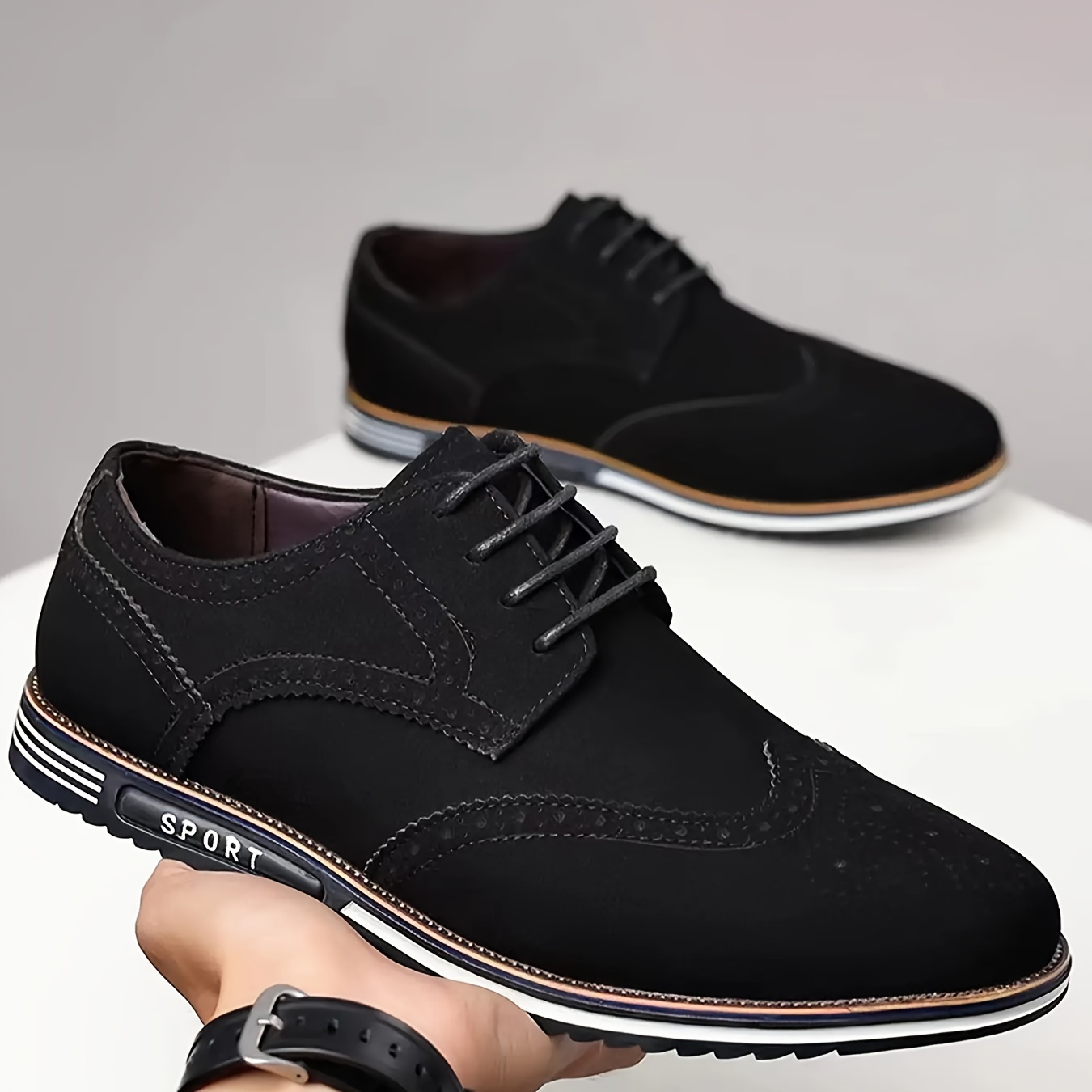 mens brogue wingtip derby shoes lace up front dress shoes for men office business formal black tie optional events details 4