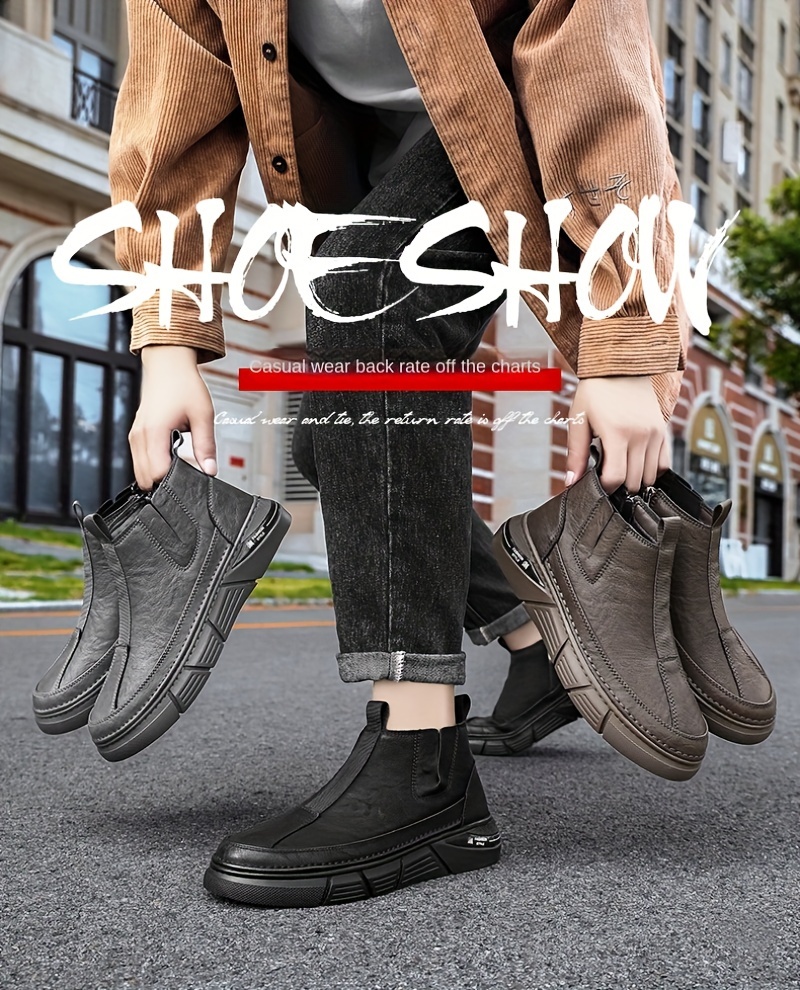 mens solid casual ankle boots breathable anti skid slip on boots with side zippers for outdoor details 0