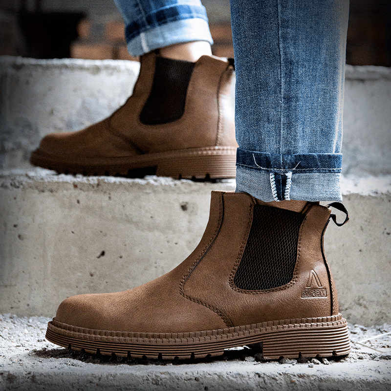 mens chelsea work boots steel toe anti smash casual boots for outdoor activities details 5