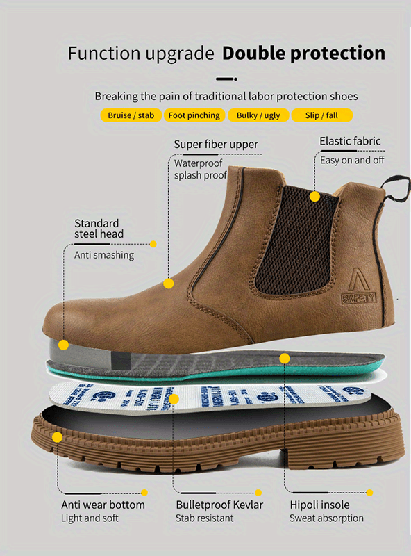 mens chelsea work boots steel toe anti smash casual boots for outdoor activities details 6