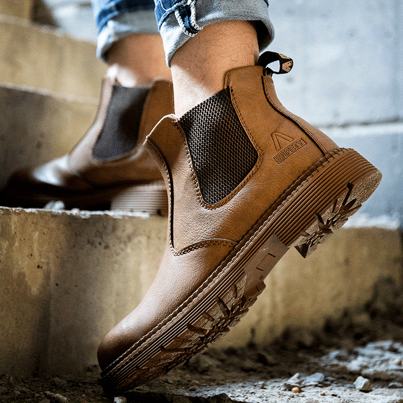 mens chelsea work boots steel toe anti smash casual boots for outdoor activities details 12