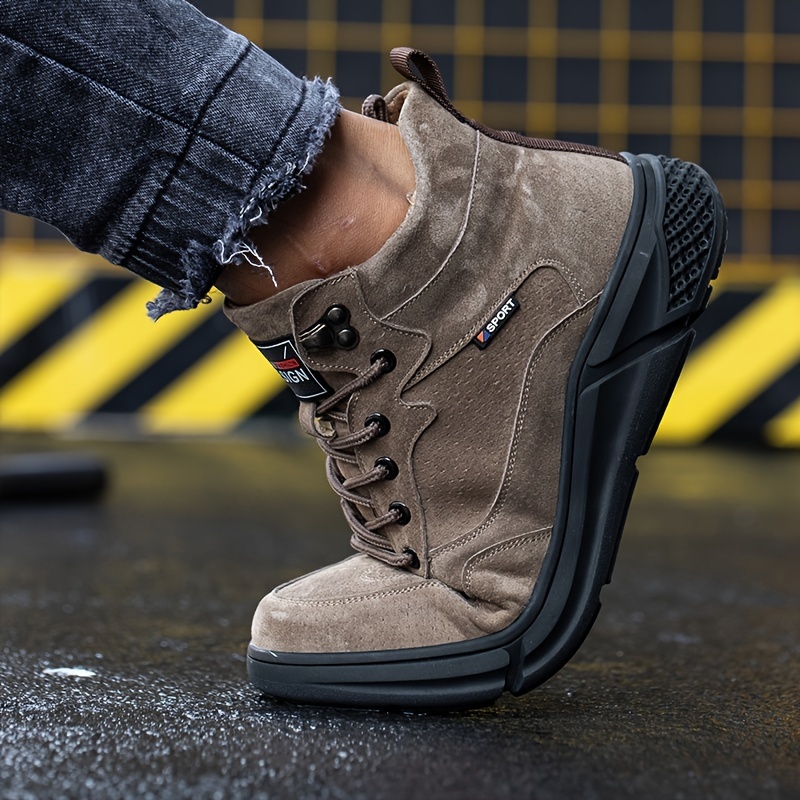 puncture proof waterproof wear resistant non slip work boots steel toe boots industrial construction safety shoes black dark brown details 5