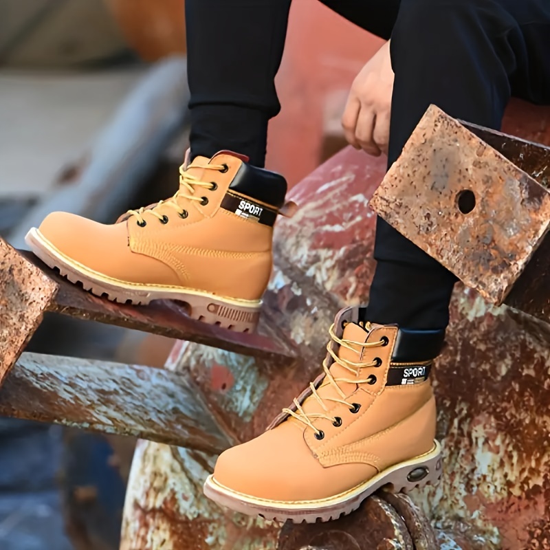 mens solid safety shoes comfy non slip casual lace up waterproof ankle boots for mens outdoor activities details 0