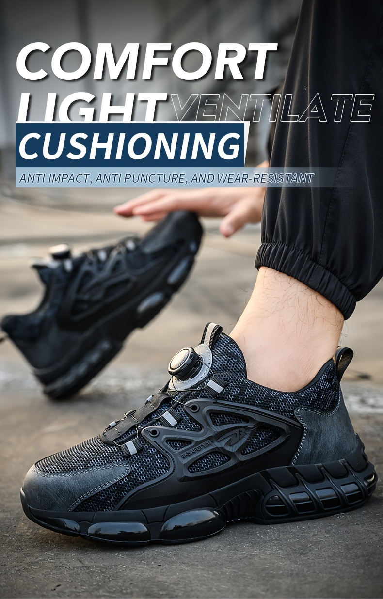 mens trendy steel toe work shoes with rotating buckle comfy non slip breathable shoes details 0