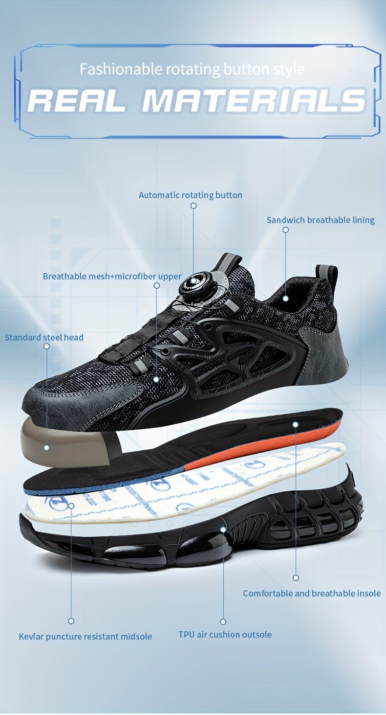 mens trendy steel toe work shoes with rotating buckle comfy non slip breathable shoes details 1