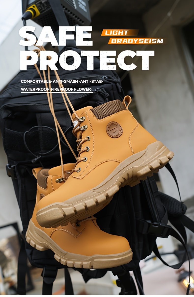 plus size mens trendy steel toe high top classic work boots comfy non slip durable shoes details 0