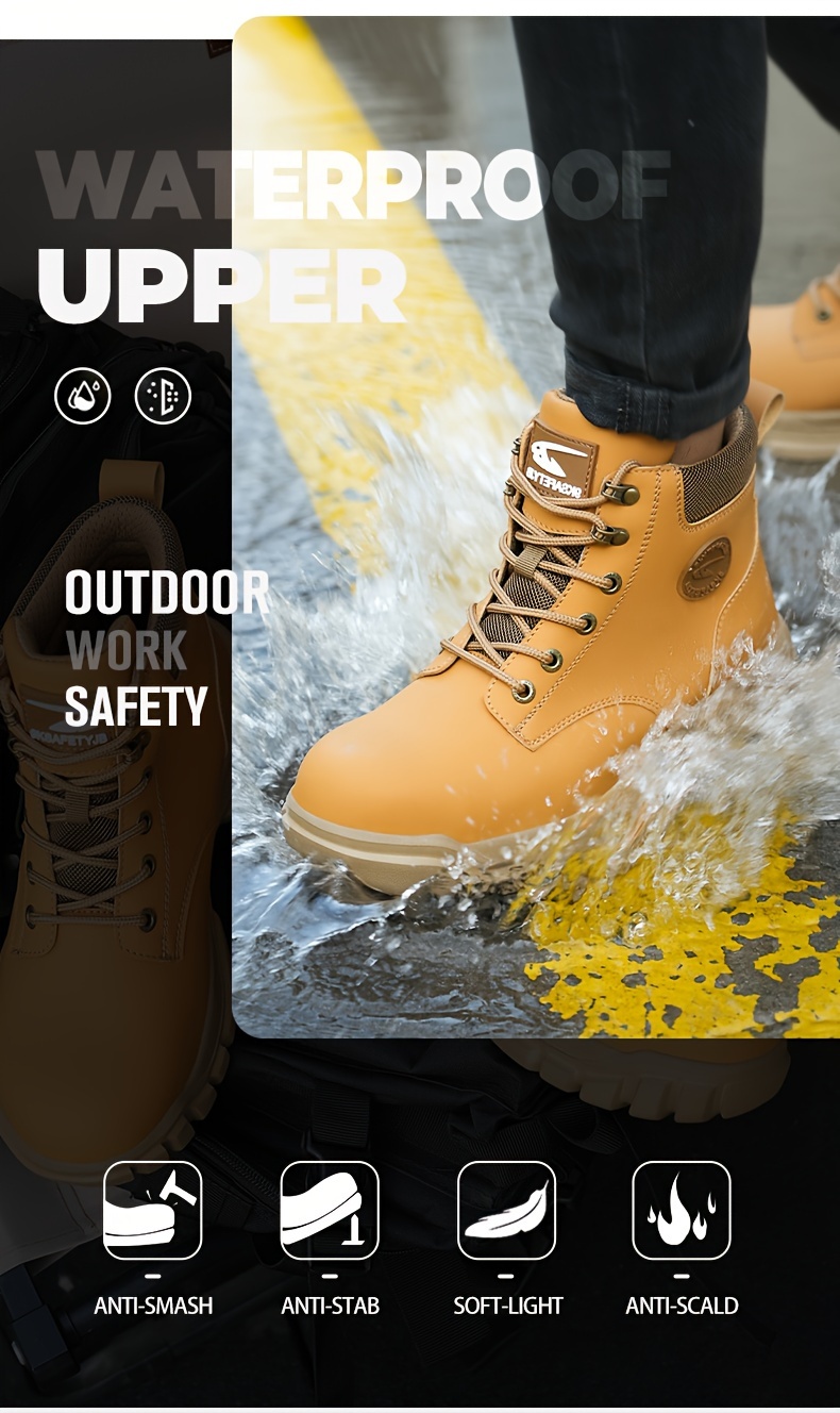 plus size mens trendy steel toe high top classic work boots comfy non slip durable shoes details 1